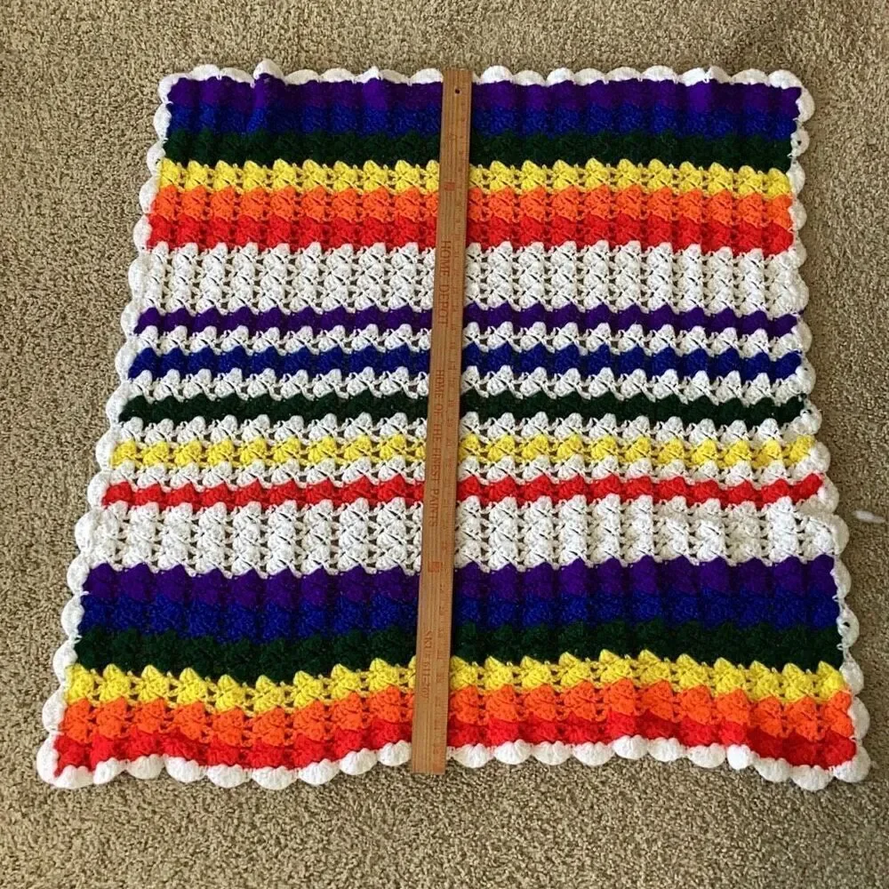 Vintage Handmade Rainbow Pride Crochet Afghan Blanket 36” X 36” Cottage Core
